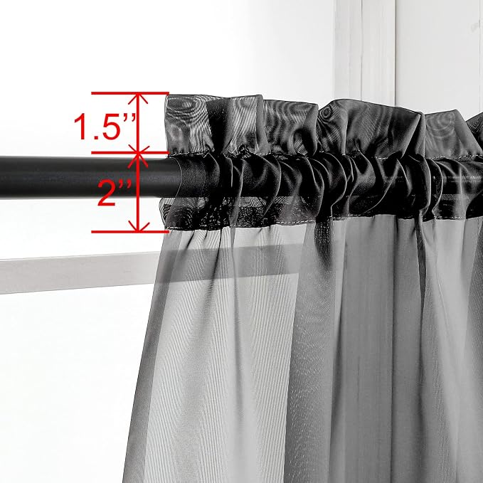 Black Sheer Curtains 72 Inches Long 2 Panels, Transparent Voile Sheer Curtain - Image 2