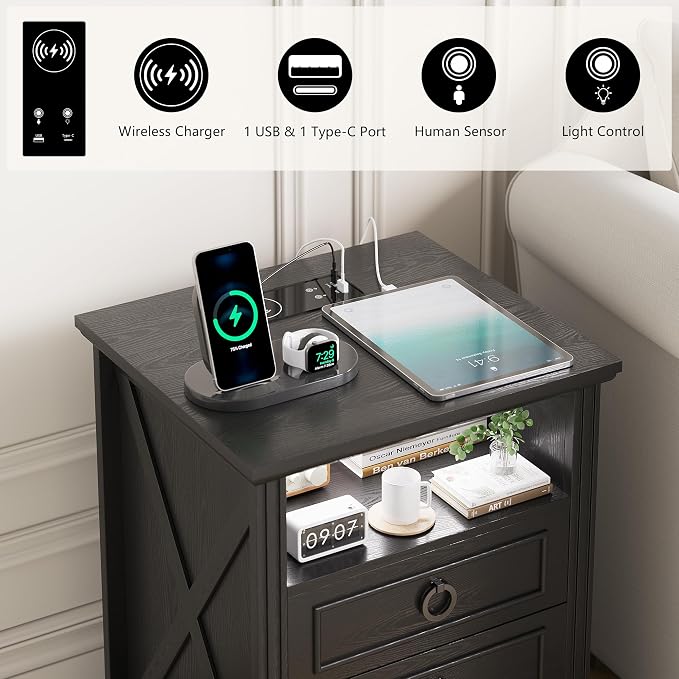 Nightstand with Charging Station, Farmhouse End Side Table with 3 Drawers and - Image 5