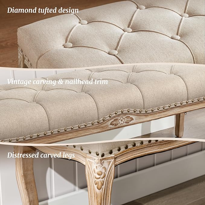Cozyman Bedroom Bench, French Vintage Tufted Entryway 52.5" Carving Upholstered - Image 4