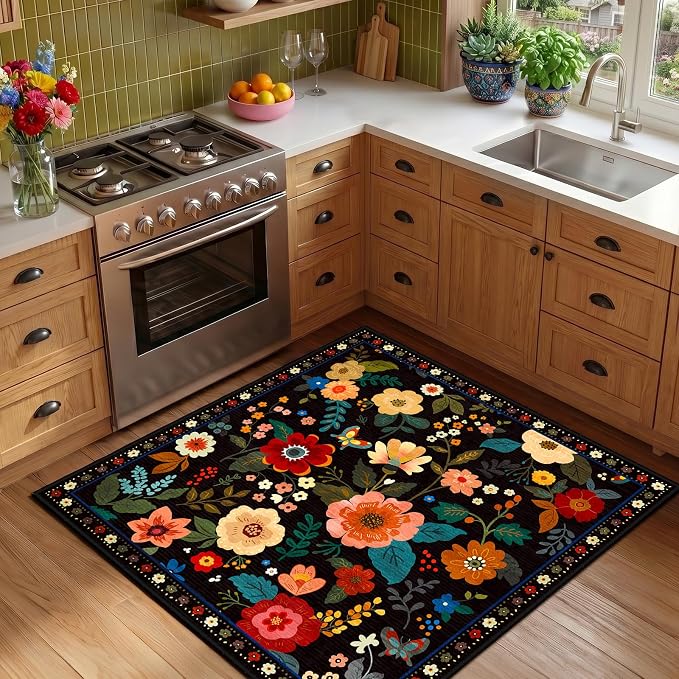 RELEANY Floral Washable Square 4ft Area Rug Black | Flower Carpet Print Boho - Image 6