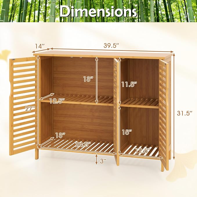 Giantex Bamboo Bathroom Storage Cabinet, 3-Door Storage Organizer - Image 3