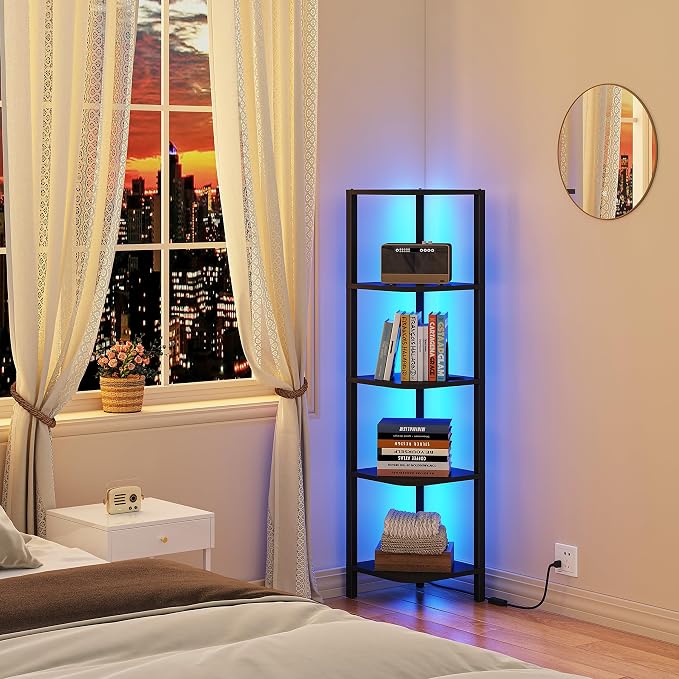 TUTOTAK Corner Shelf with LED Light, 5-Tier Corner Bookshelf - Image 6