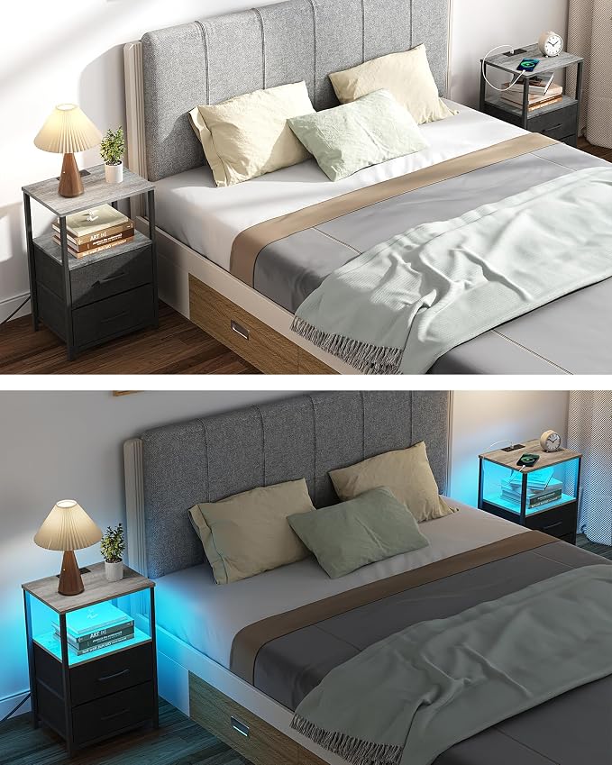 TUTOTAK LED End Table with Charging Station, Nightstand with Cloth Drawer - Image 7