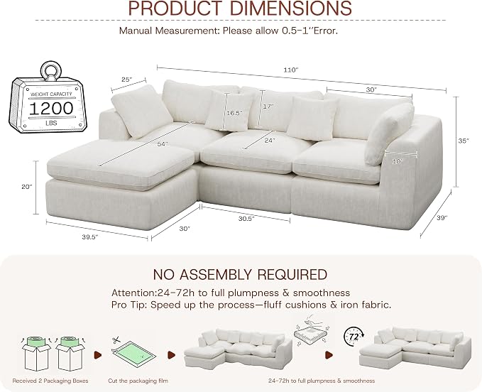 GRUSIGN 110'' Oversized Cloud Sectional Boneless Couch - Image 2
