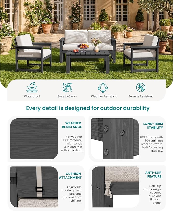 SERWALL 5 Pieces HDPE Outdoor Sofa Set - Image 4