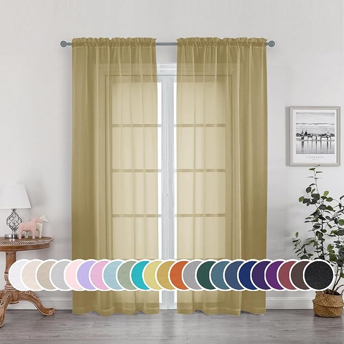 Gold Sheer Curtains 72 Inches Long 2 Panels Set, Transparent Light Filtering by OWENIE