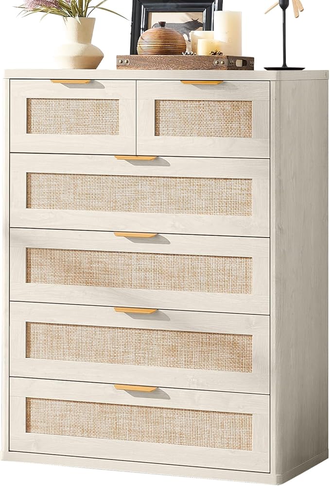LEYAOYAO White Dresser for Bedroom Set of 2, Modern 6 Drawers Boho Rattan by LEYAOYAO-Findtheshiningpointofyourideallife%EF%BC%81