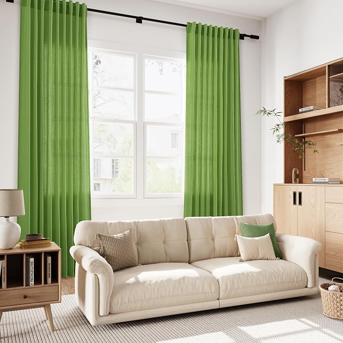 Lime Green Linen Blend Light Filtering Back Tab Curtains 108 Inches Long - Image 7