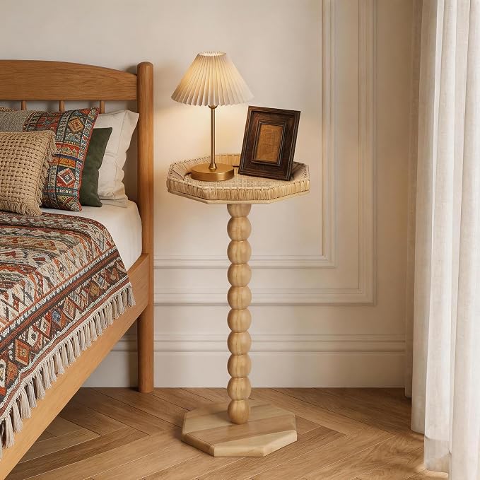 Natural Rattan End Table, Boho Solid Wood Octagon Side Table - Image 6
