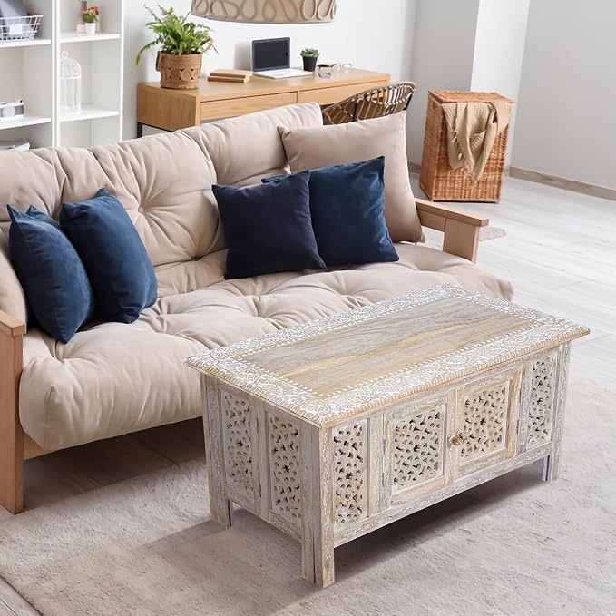 Hand-Carved Wooden Coffee Table – 36” x 18” Rectangular Mango Wood Center Table - Image 5