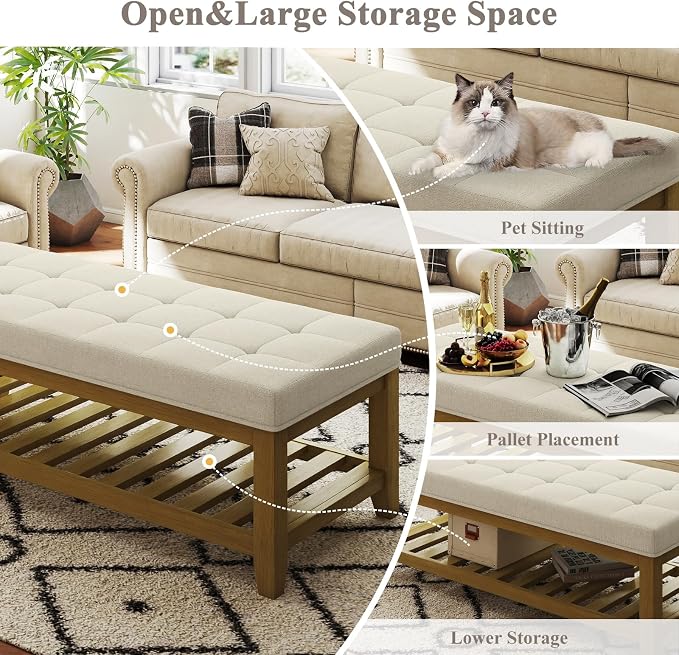 Befurtori Large Rectangular Upholstered Ottoman Bench, Linen Tufted Footrest - Image 5