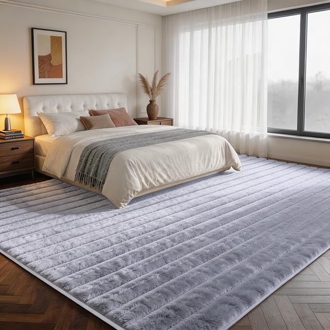 Blue Grey Rabbit Striped Plush Rug 6'x9', Fluffy Shaggy Area Rug - Image 2