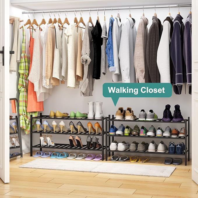 viewcare 3-Tier Long Black Shoe Rack, Bamboo Wood Shoe Rack - Image 2