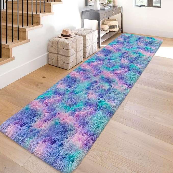Super Soft Fluffy Living Room Area Rug 2x10 ft Purple Rainbow Tie-Dyed Shaggy - Image 3