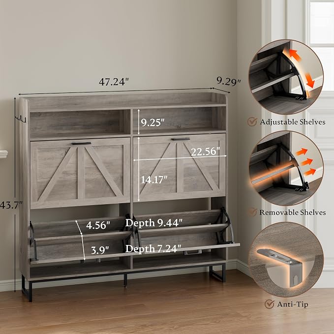BORNOON Shoe Cabinet with 4 Flip Drawers Narrow Shoe Storage Cabinet Organizer - Image 2