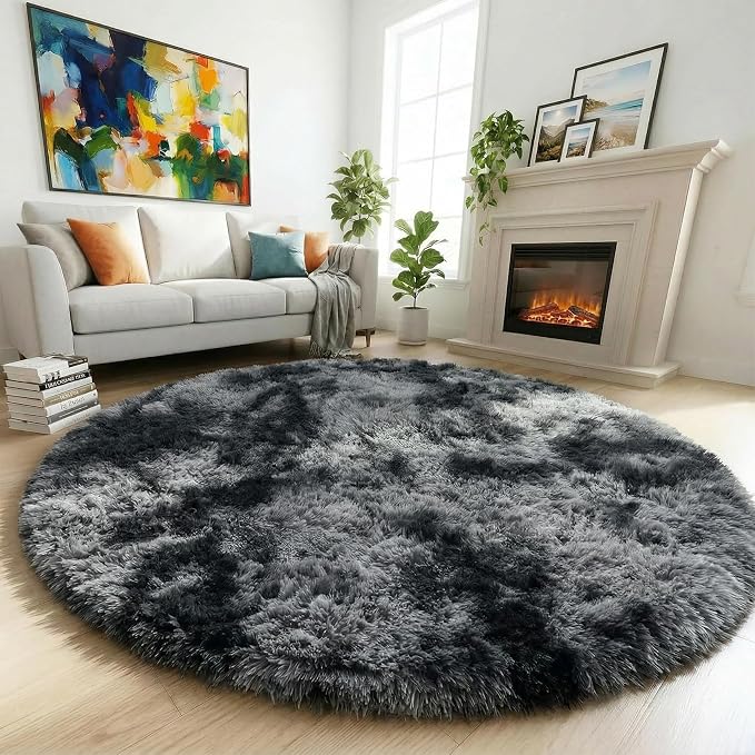 Amdrebio Tie-Dyed Dark Grey Large Round Rug 7Ft by Amdrebio