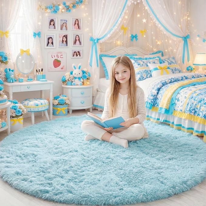 Amdrebio Light Blue Shag Round Area Rug 4Ft - Image 7