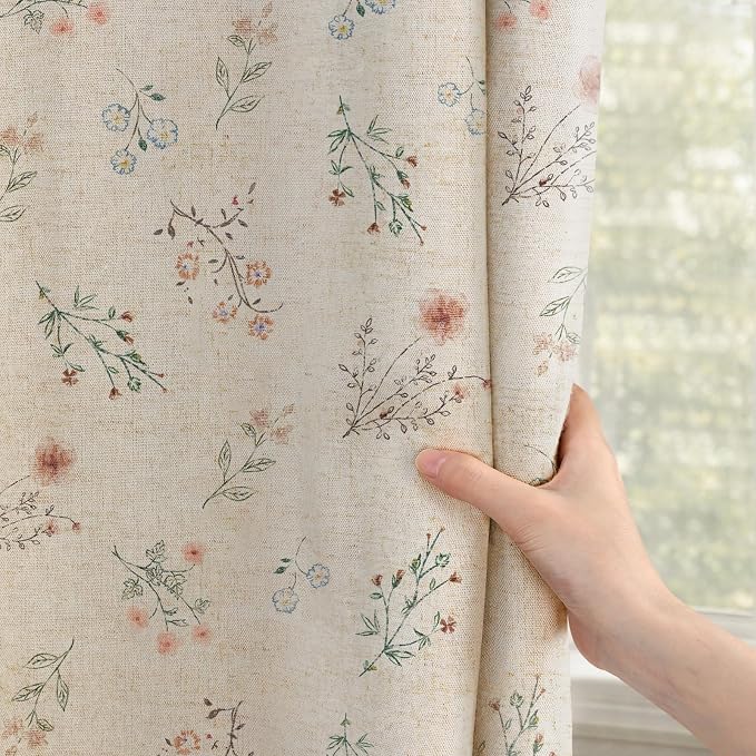 Boho Floral 100% Blackout Curtains 84 Inch 2 Panels Linen Texture | Farmhouse - Image 3