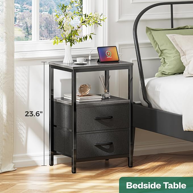 Huuger Nightstand with Charging Station, Side Table with Fabric Drawers - Image 2