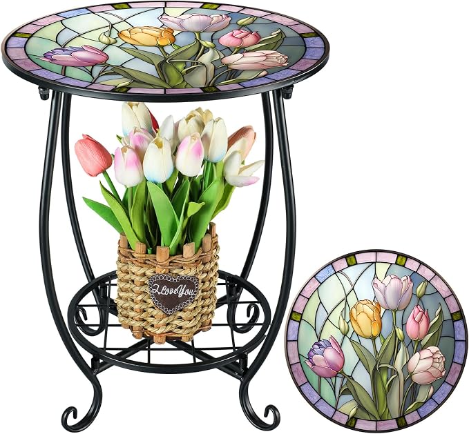 Cinnvoice Outdoor Side Table Round Small Mosaic Patio Accent Indoor End Plant by Cinnvoice