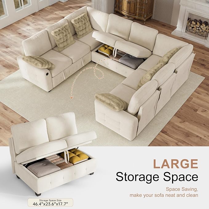 Hanherry Sectional Couch with Pull Out Sofa Bed, Chenille Sleeper Sofa with 2 - Image 5