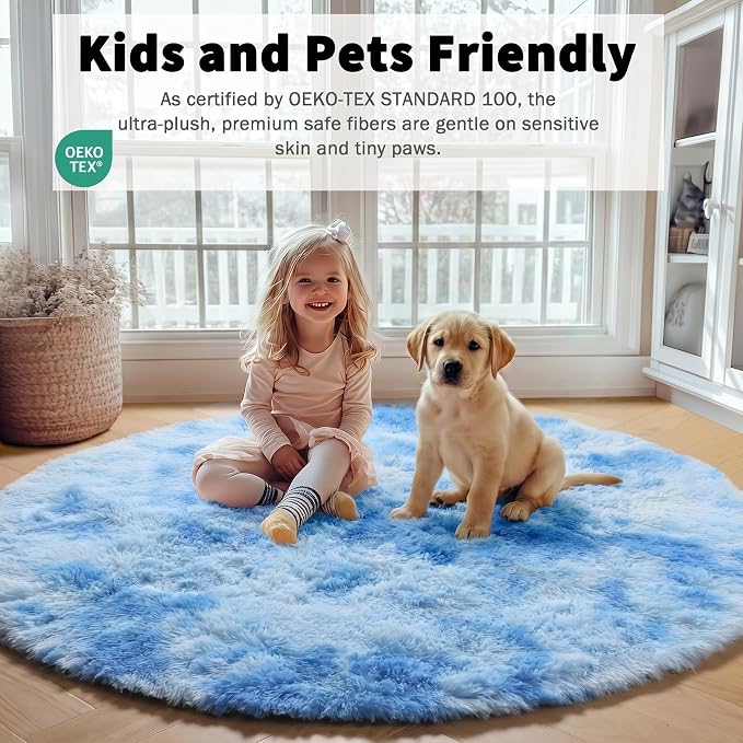 Tie-Dye Blue Round Rug 4ft, Fluffy Soft Circle Area Rugs - Image 5