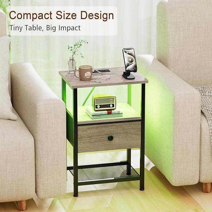 LOAKEKEL Nightstand with Charging Station, End Table with Fabric Drawer - Image 4