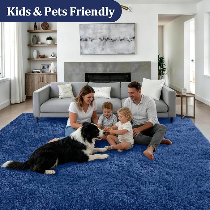 Area Rug Living Room Bedroom: 6x9 Fluffy Plush Shag Carpet Blue | - Image 4