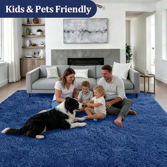 Area Rug Living Room Bedroom: 5x7 Fluffy Plush Shag Carpet Blue | - Image 4