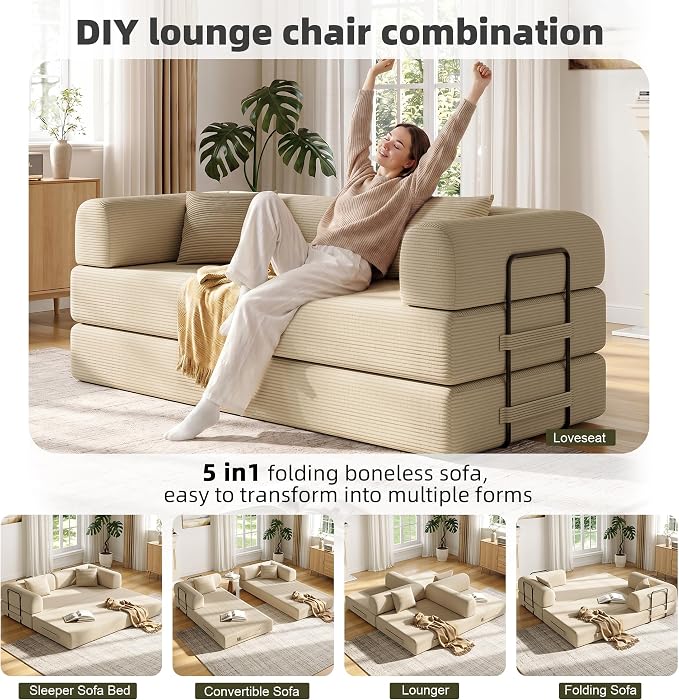 79in Convertible Sofa Bed, Corduroy Boneless Couch Bed, Futon Sleeper Sofa Pull - Image 3