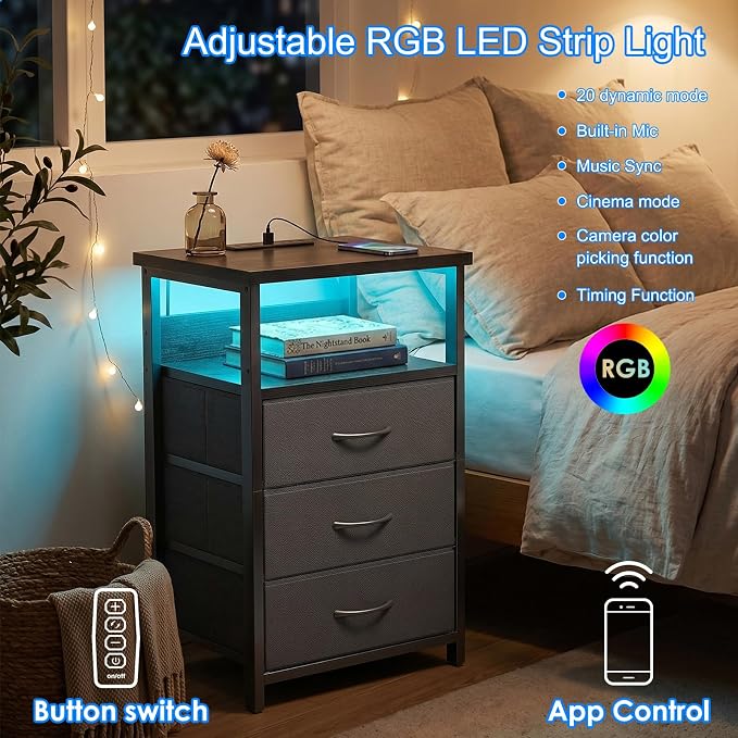 Fixwal Night Stand with 3 Fabric Storage Drawers, LED Nightstand with Charging - Image 4