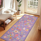 Floral Washable 2x6 Area Rugs Runner Entryway Hallway Purple/Pink | Flower - Image 2