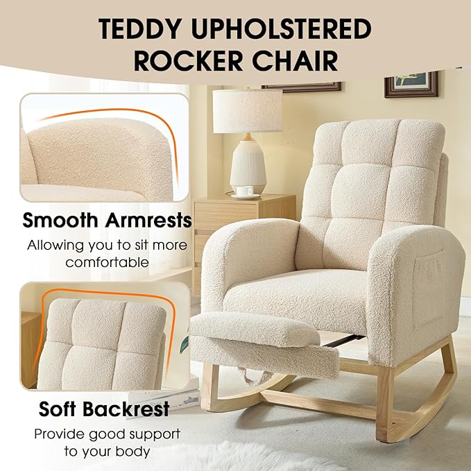 NIOIIKIT Modern Nursery Rocking Chair, Teddy Upholstered Rocking Chair - Image 6