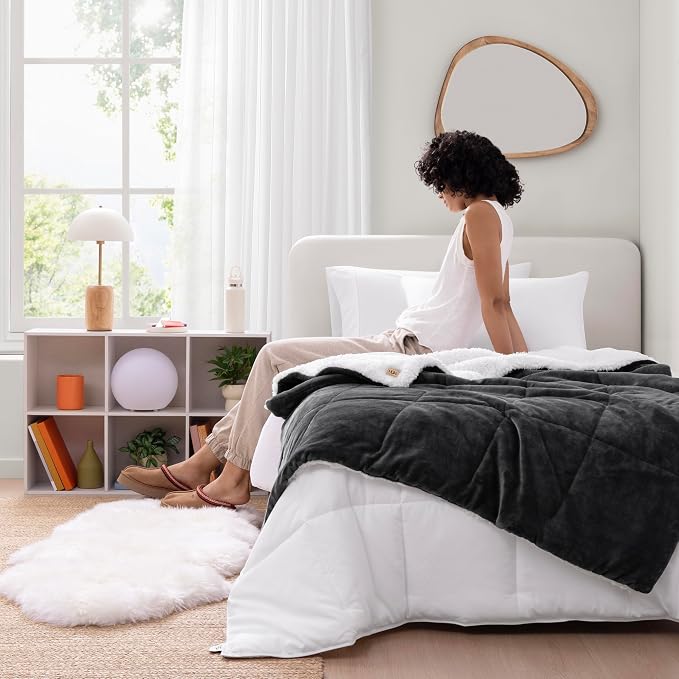 UGG Nita Throw Blanket, Reversible Fleece Blanket, Charcoal Grey | Plush UGG - Image 2