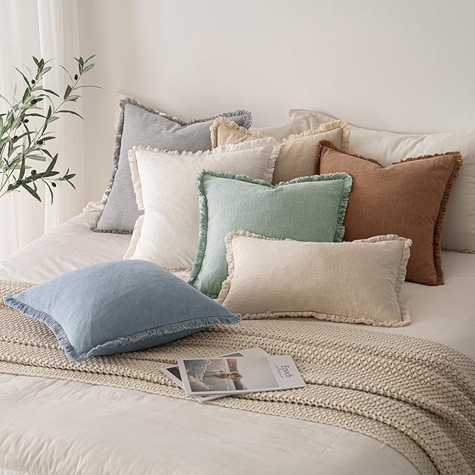 MIULEE Boho Linen Fringe Decorative Throw Pillow Covers Light Blue 20x20 | Set - Image 6