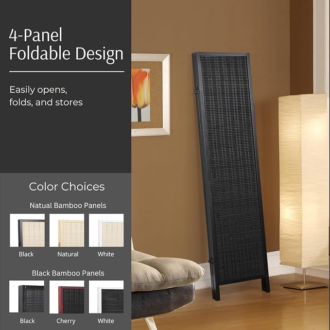 Roundhill Furniture Inkwell 4-Panel Bamboo Room Divider, Folding Portable - Image 3