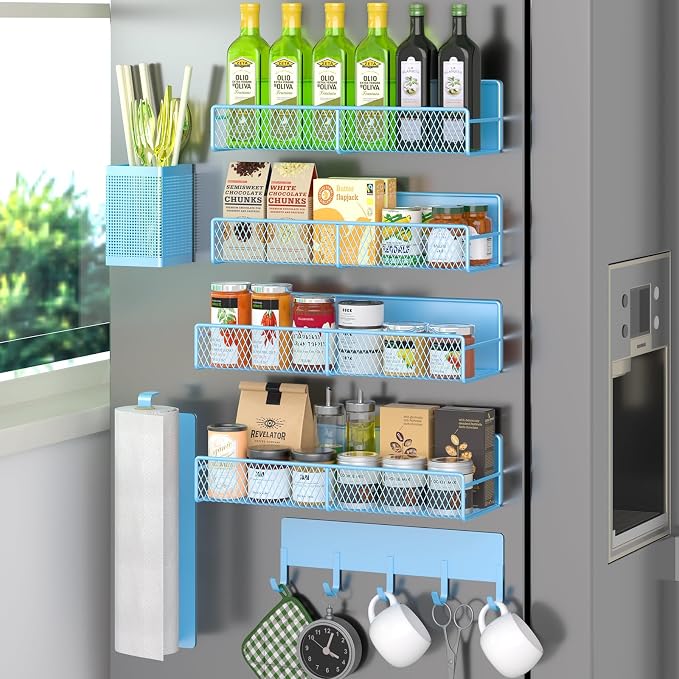 Magnetic Spice Rack for Refrigerator, 7 Pack Metal Magnetic Shelf Blue by DTUQYX