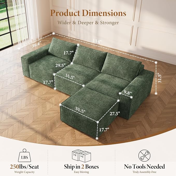 Vesgantti 114" Modular Boneless Couch, Modern 3 Seater Sectional Sofa - Image 2