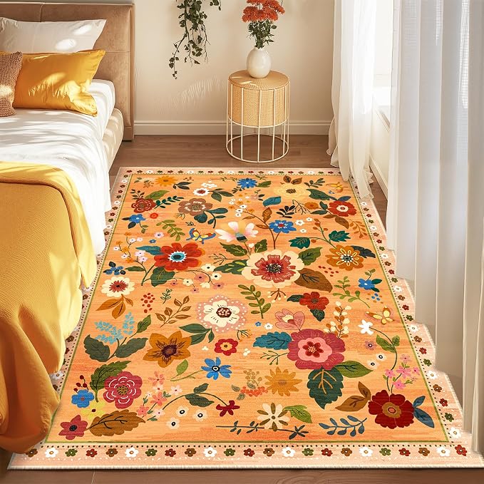 RELEANY Floral Washable 5x7 Area Rugs Yellow/Orange/Red | Flower Carpet Print - Image 6