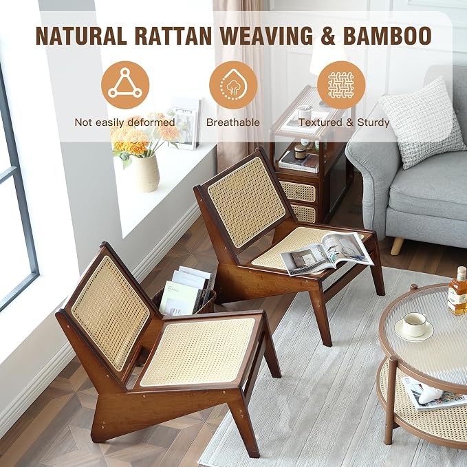 Welnow 2-Pcs Mid Century Rattan Accent Chair, Bamboo Wood Lounge Chair - Image 5