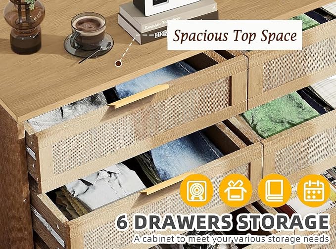6 Drawer Double Dresser for Bedroom, Natural Rattan Modern Drawer Chest - Image 5