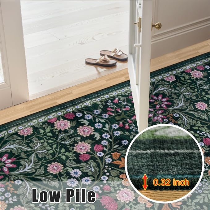 PLHXFR Area Rug 10x14 Living Room: Floral Washable Boho Carpet Dark Green | - Image 8