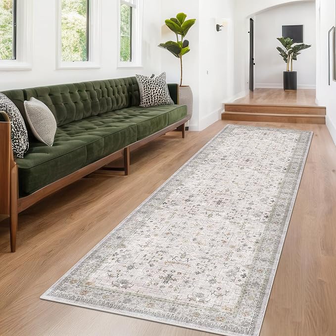 Neutral Light Gray & Sage Kitchen Rug 10 ft Long - Image 6