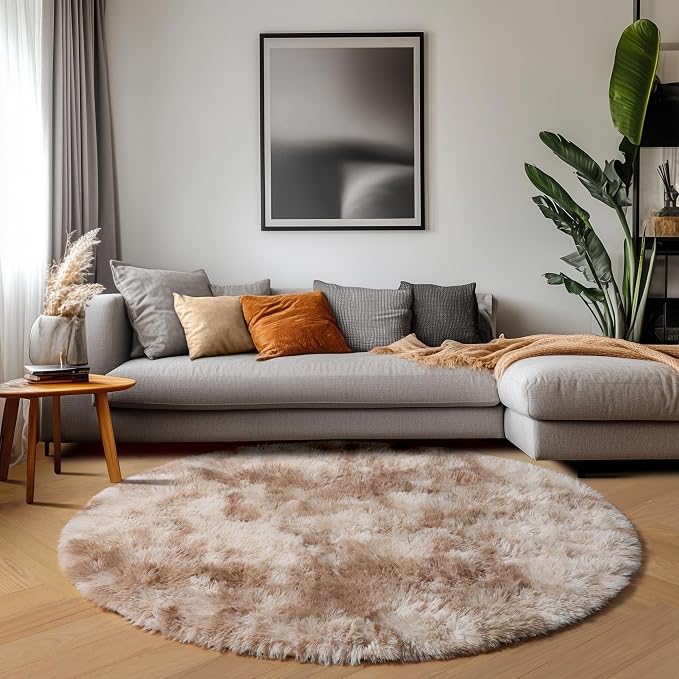 Tie-Dye Beige Round Area Rug 4ft, Soft Bedroom Circle Rugs Floor Mats - Image 9