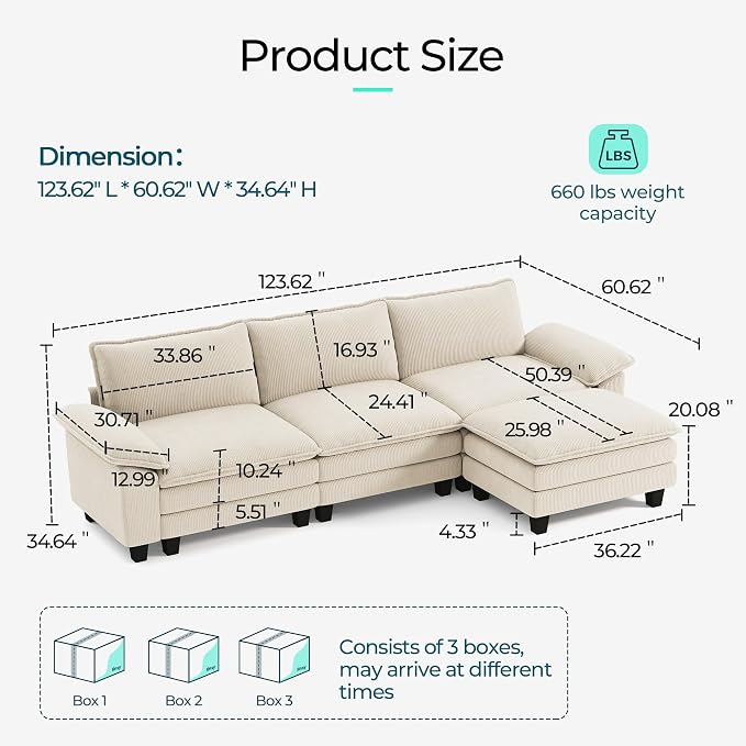 LINSY HOME 123" Modular L-Shaped Sectional Sofa, 3-Seat Corduroy Modern Cloud - Image 2