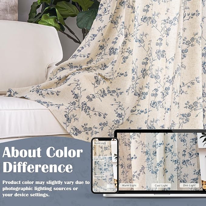 Blue Vintage Floral Linen Curtains Farmhouse 50W X 84L 2 Panels | Elisa Series - Image 6