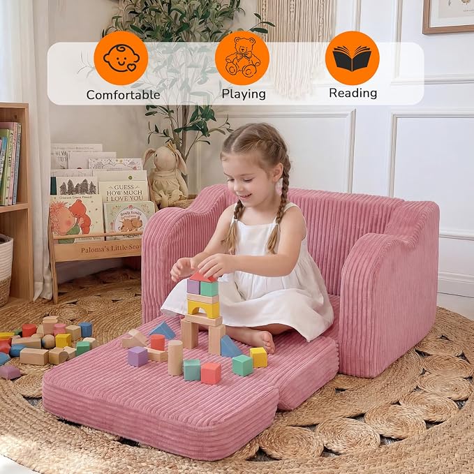 MeMoreCool Corduroy Pink Kids Chair, 2-in-1 Kids Couch Fold Out to Lounger - Image 4