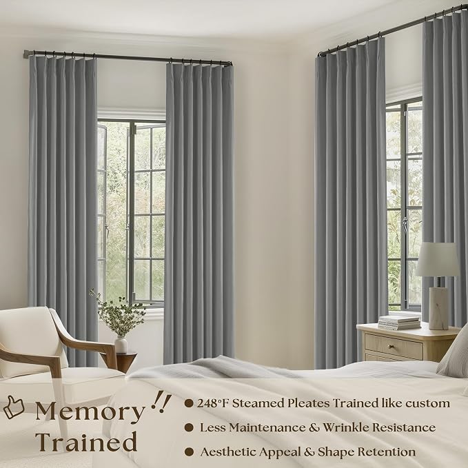 Grey Pinch Pleated 100% Blackout Linen Curtains - Image 2