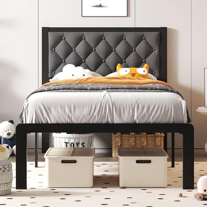 Fluest Twin Bed Frame with Headboard Linen Upholstered Bed Frame Platform by Fluest