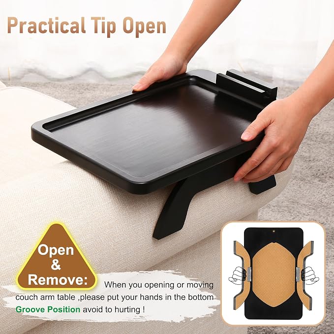 SINWANT Couch Armrest Table, Large Bamboo Couch Arm Table 360° Phone Holder - Image 4